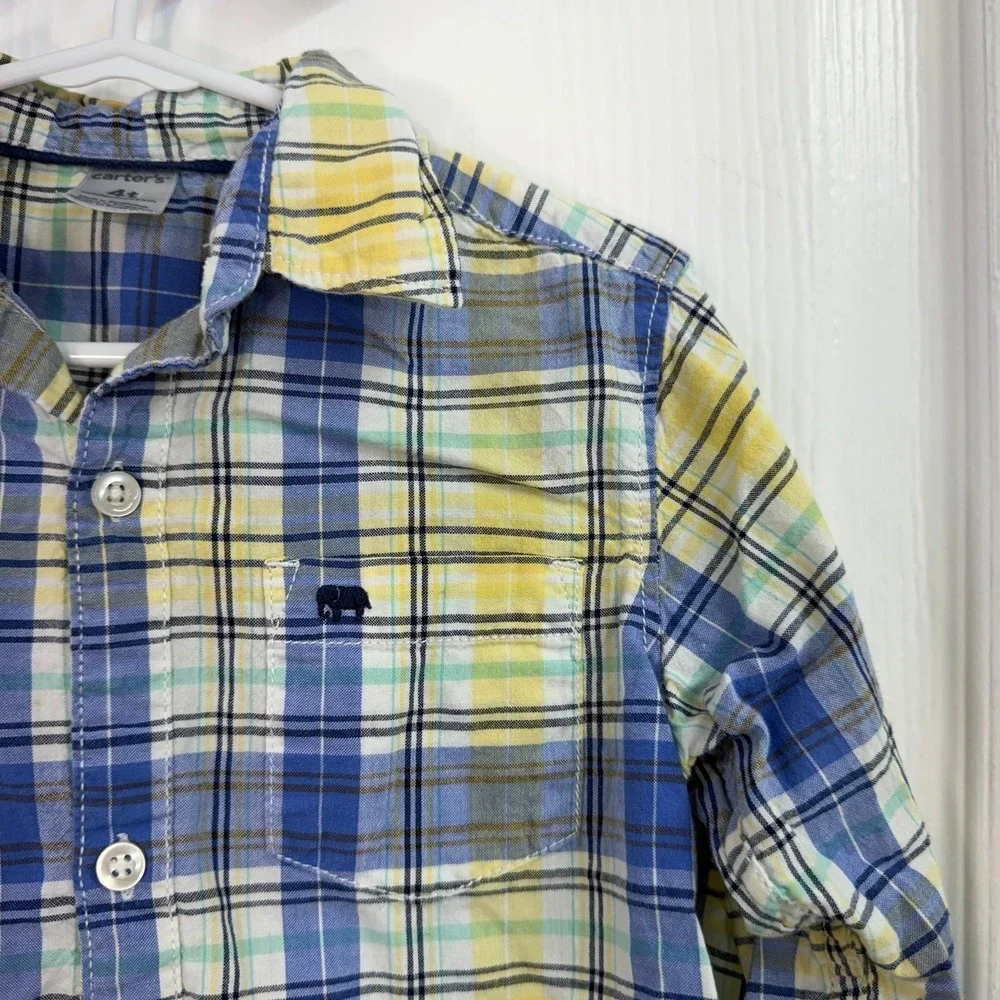Carter's boy's yellow blue plaid‎ collared button down formal dress shirt cotton